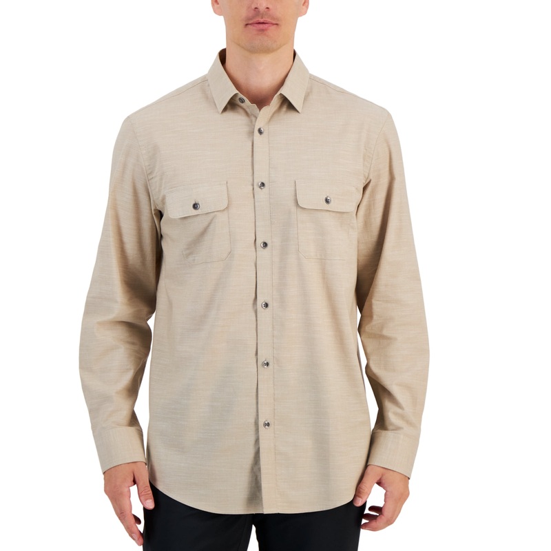 Alfani Mens Regular Fit Solid Button Down Shirt Twill Beige 2XL