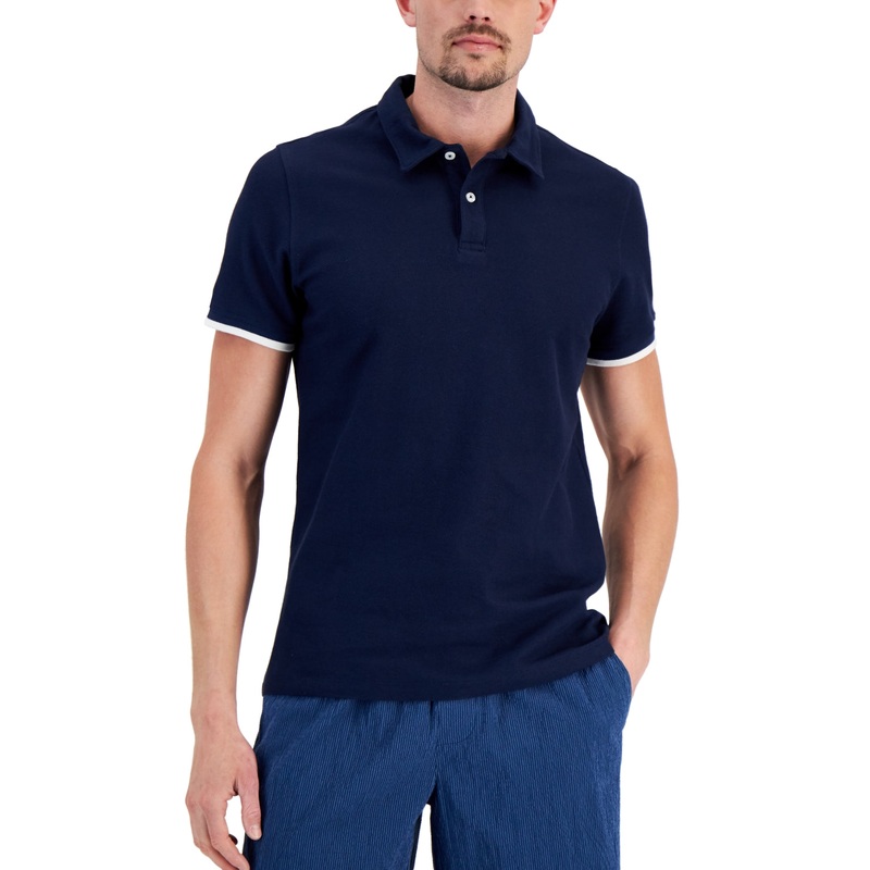 Alfani Mens Regular Fit Tipped Short Sleeve Polo Shirt Neo Navy Blue Large