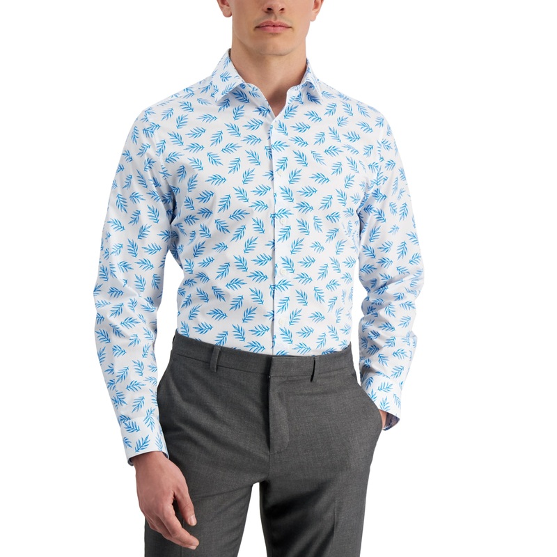 Bar III Mens Leaf Print Button Down Dress Shirt White Blue Large 16 16.5