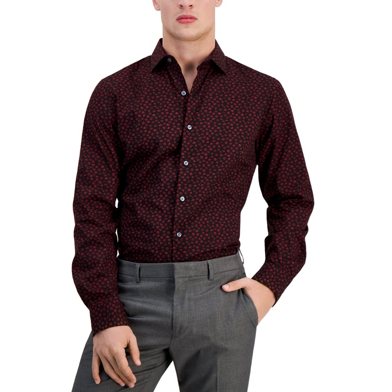 Bar III Mens Slim Fit Kiss Print Button Down Dress Shirt Black Red Large 16 16.5