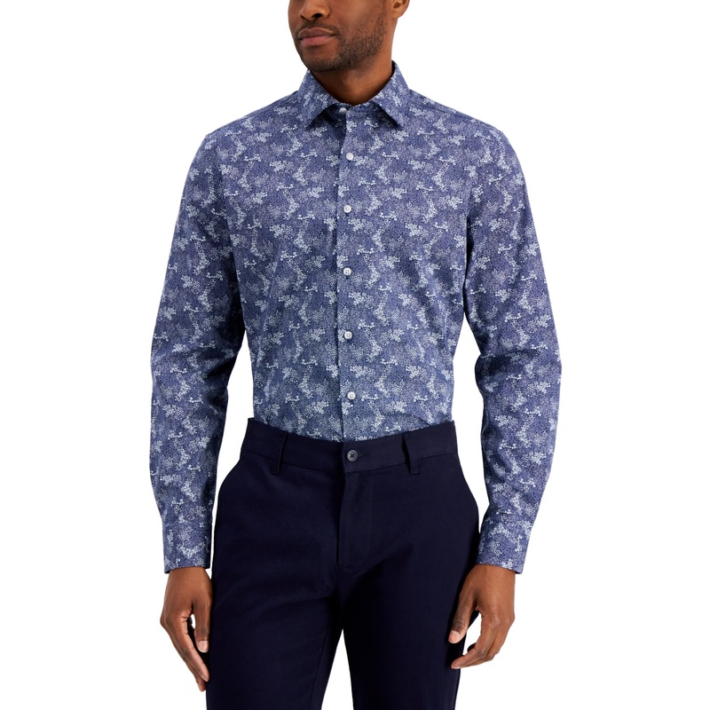 Bar III Mens Slim Fit Stretch Floral Button Down Dress Shirt Blue Medium 15 15.5