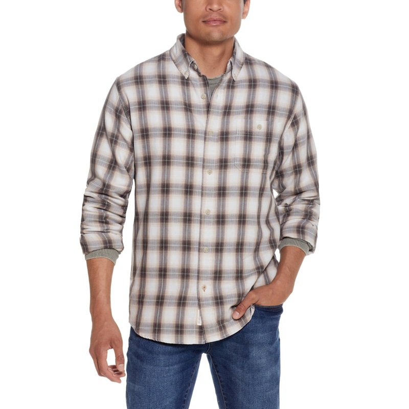 Weatherproof Vintage Mens Button Down Shirt Plaid Shitake Large