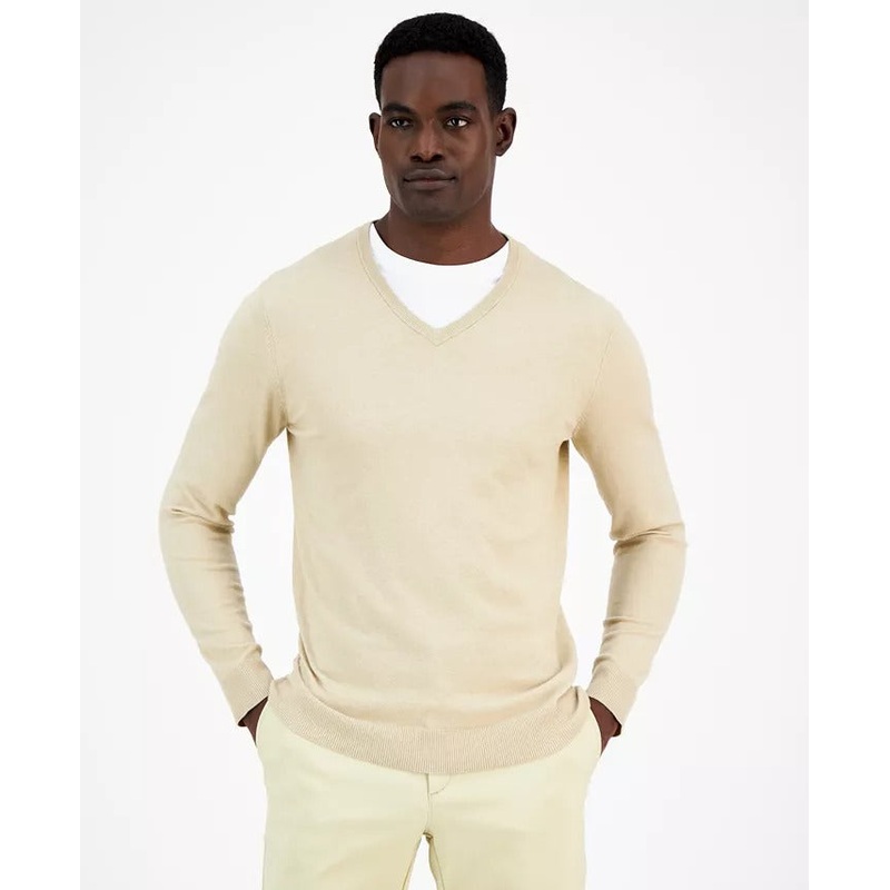 Alfani Men's Solid V Neck Cotton Sweater 3XL XXXL Twill Tan Beige
