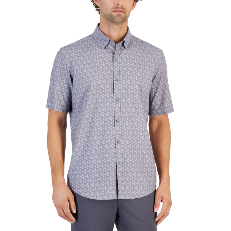 Alfani Mens Alfatech Geometric Short Sleeve Button Down Shirt Grey Combo Small