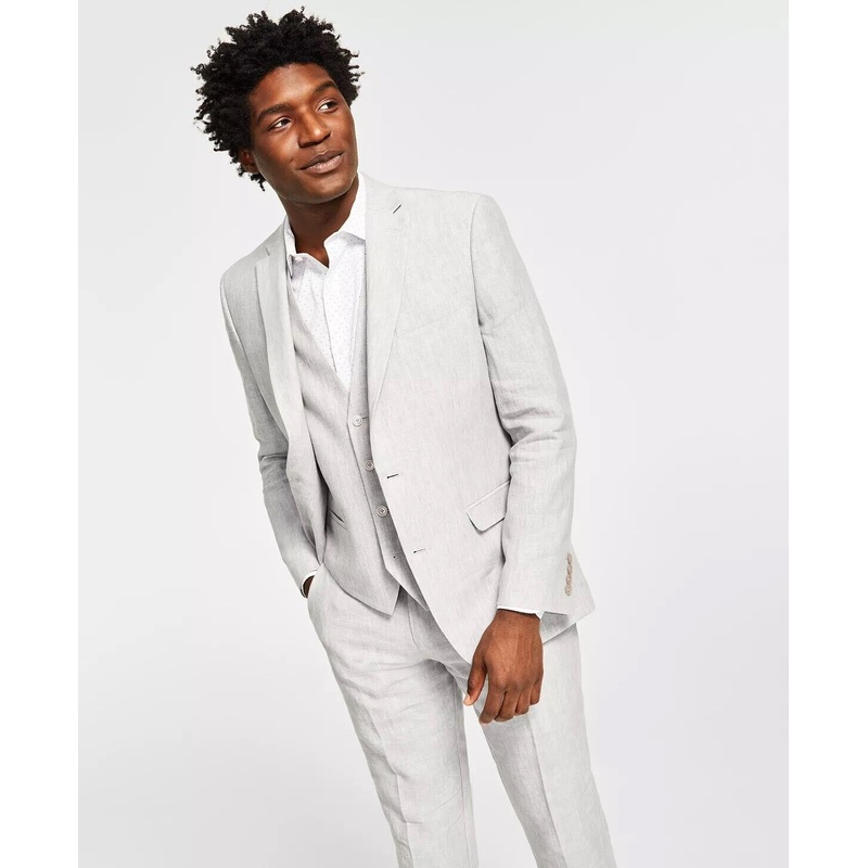 Bar III Men's Slim-Fit Textured Linen Suit Jacket 44L Light Grey Two Button