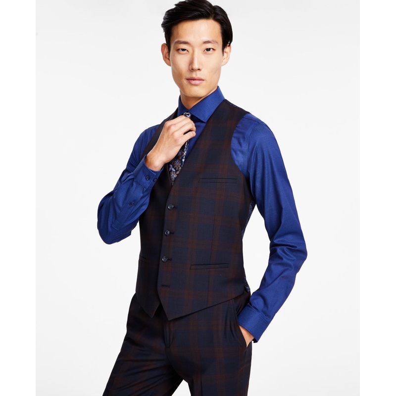 Bar III Mens Slim Fit Plaid Suit Vest Burgundy Red Blue Medium