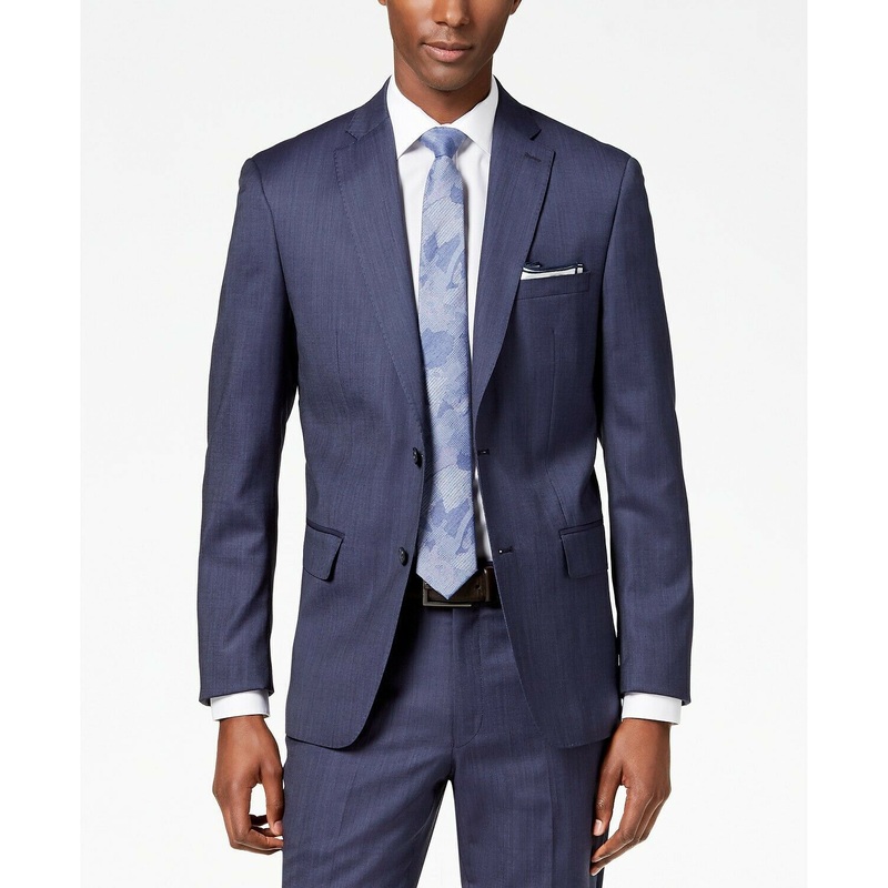 DKNY Men's Modern-Fit Stretch Textured Suit Jacket Sport Coat 44L Blue Wool