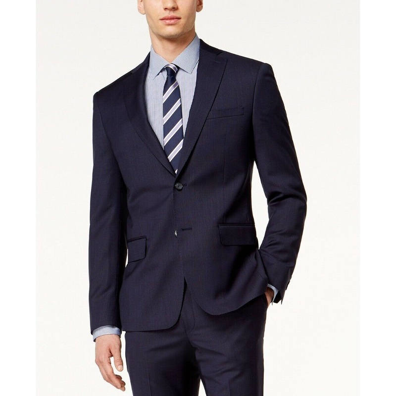 DKNY Mens Modern-Fit Stretch Textured Mini Striped Suit Jacket 40L Navy Blue