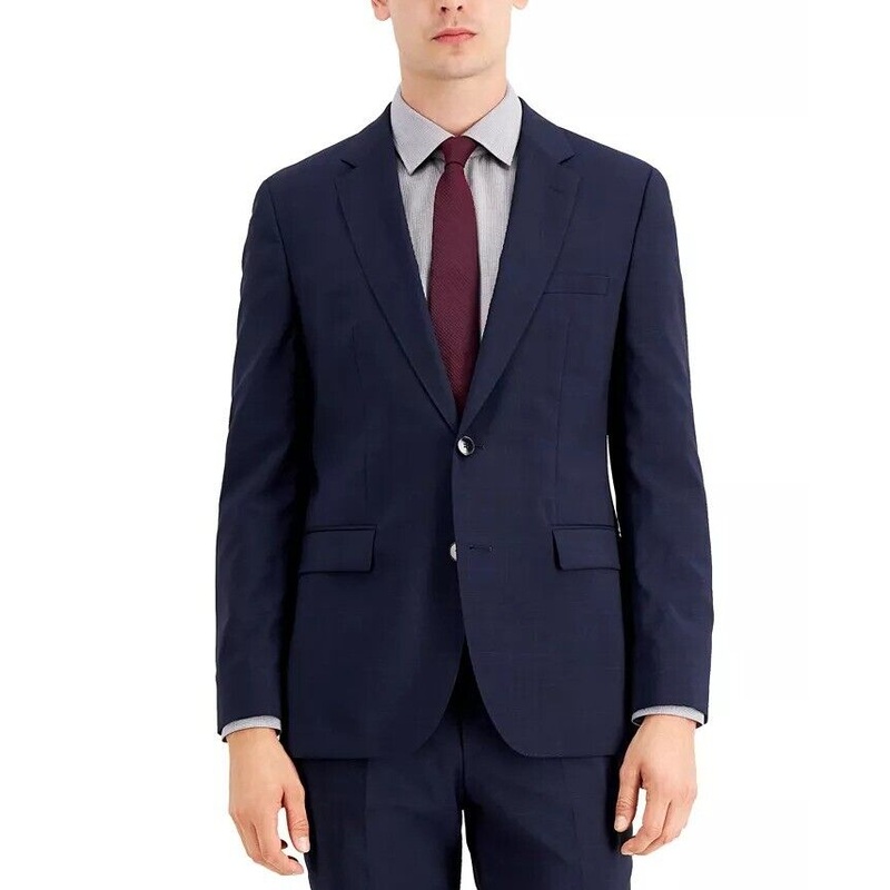 HUGO BOSS Men's Classic Fit Navy Burgundy Plaid Suit Jacket 36S