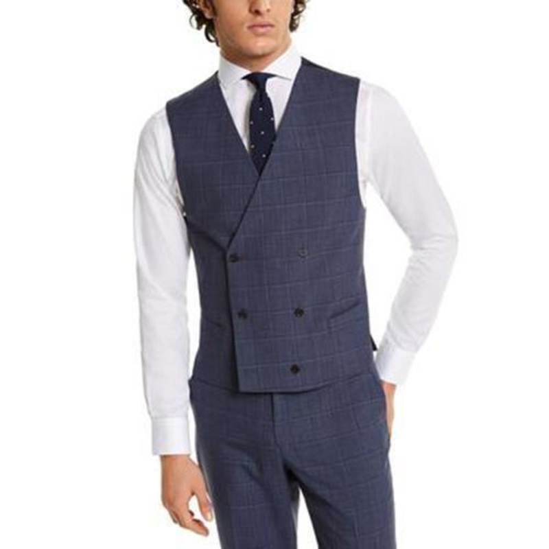 LAUREN RALPH LAUREN Mens Navy Blue Plaid Button Suit Vest Medium