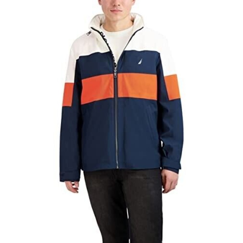 NAUTICA Men's Colorblocked Open Bottom Hooded Jacket Large Navy Blue
