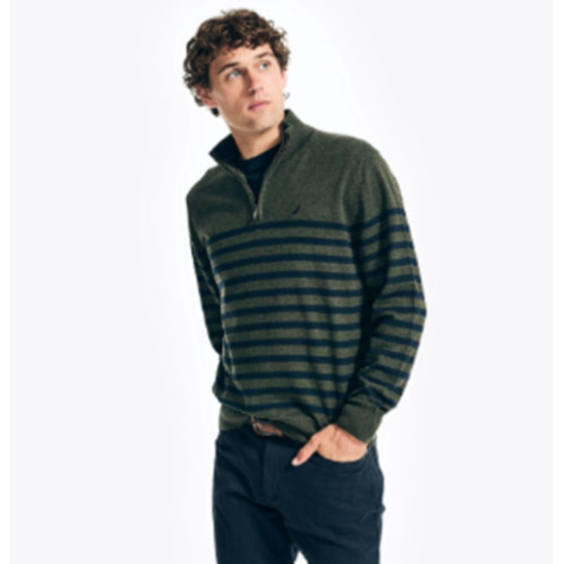 Nautica Men's Navtech Performance Striped Sweater Forest Heather Green Large