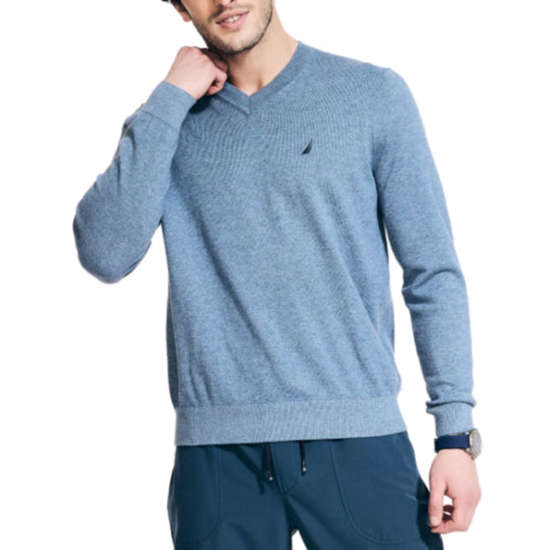 Nautica Mens Lightweight Jersey V Neck Sweater Deep Anchor Heather Bllue XXL