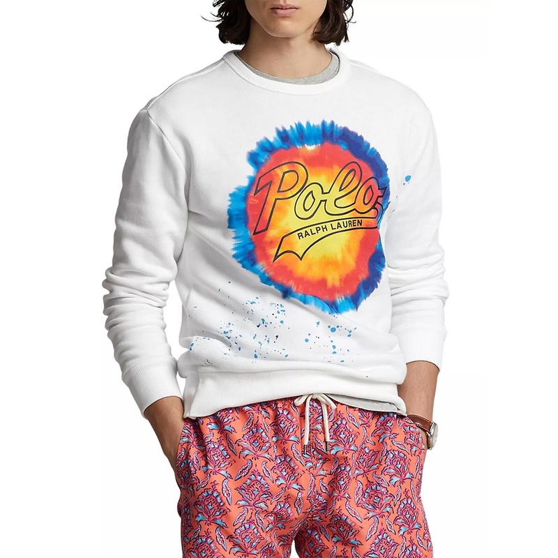 Polo Ralph Lauren Tie-Dye Logo Fleece Crewneck Sweatshirt White Small