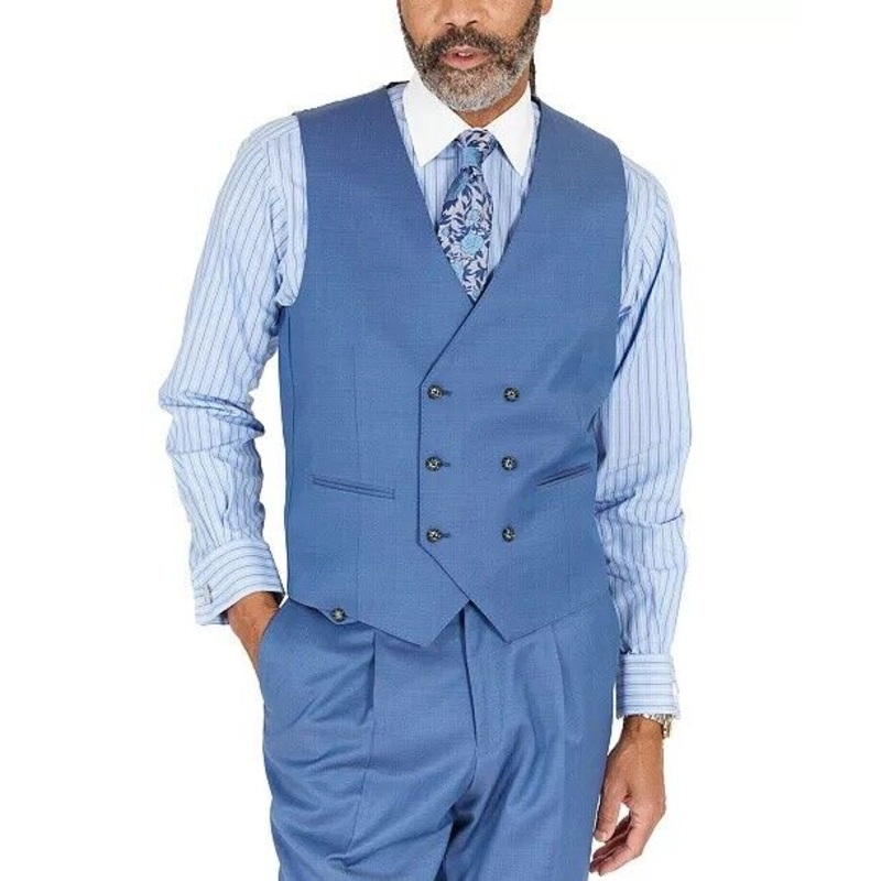 Tayion Collection Blue Solid Classic-Fit Wool Suit Separate Vest XL Blue