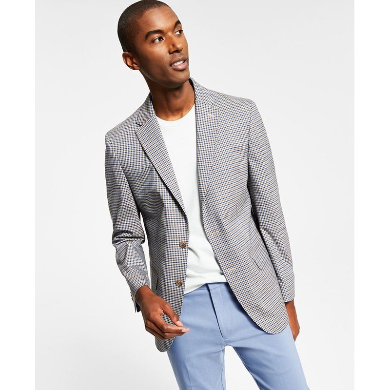TOMMY HILFIGER Men's Modern-Fit Brown Blue Check Blazer 42L Sport Coat