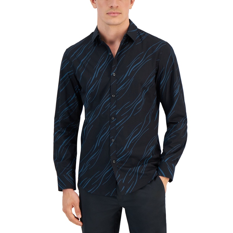 Alfani Mens Breeze Abstract Print Button Down Shirt  Deep Black XL