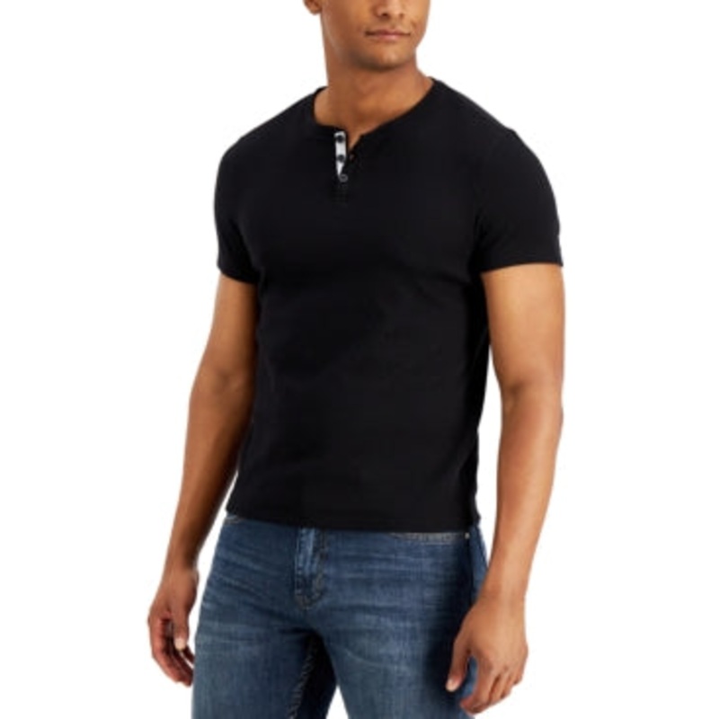 Alfani Mens Mesh Henley Short Sleeve T Shirt Deep Black Small