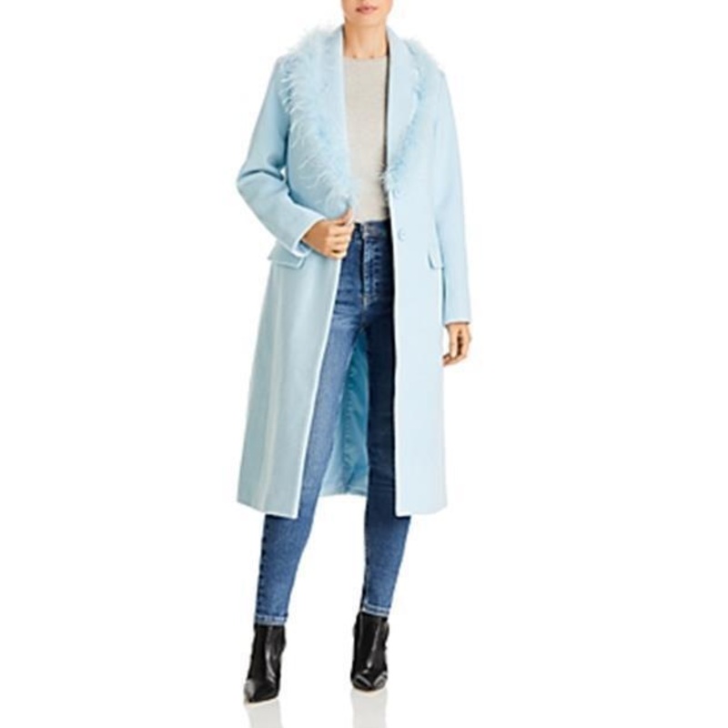 Aqua Women's Feather Trim Two Button Coat Icy Blue XS