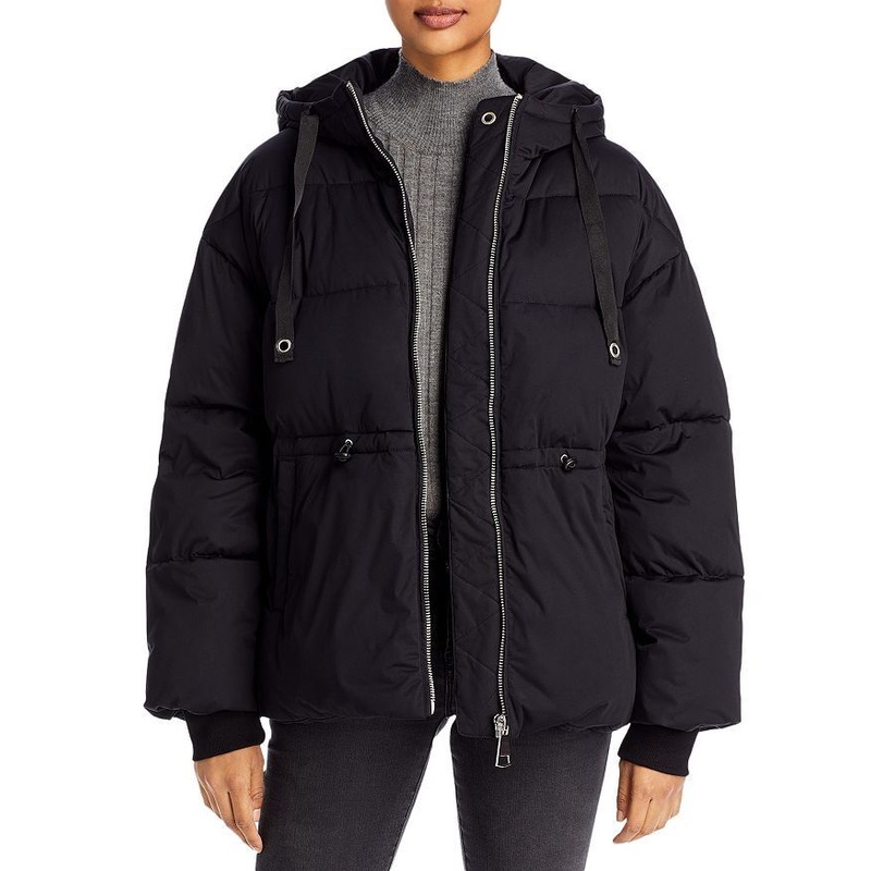 AQUA Womens Hooded Puffer Coat Large Solid Black