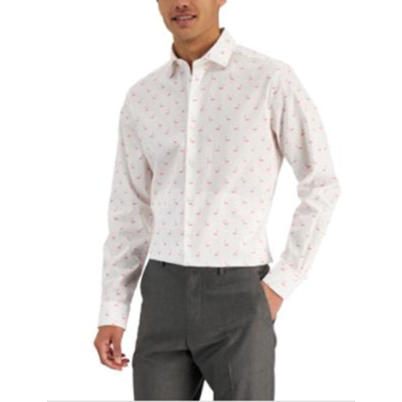 BAR III Men's Slim Fit Flamingo-Print Dress Shirt White Pink Medium