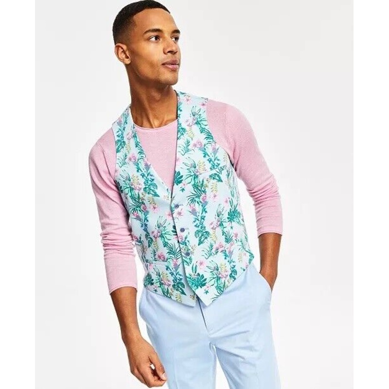 BAR III Men's Slim-Fit Floral-Print Suit Vest Blue Size Large