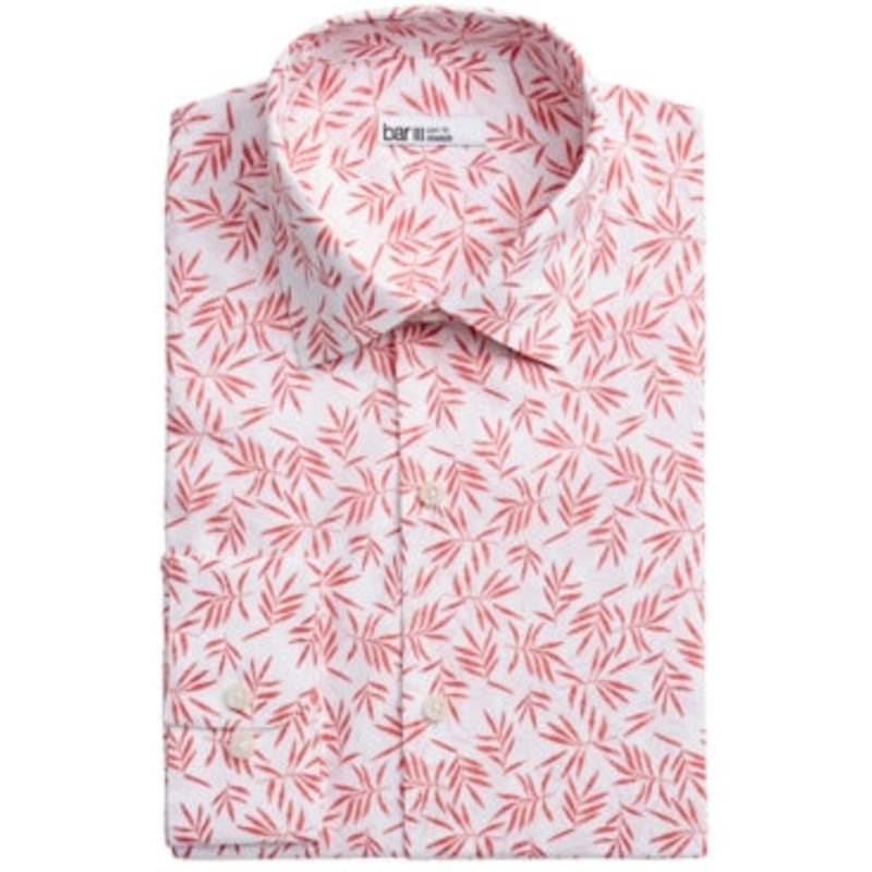 Bar III Men's Slim Fit Leaf Print Button Down Shirt White Pink 14 14.5