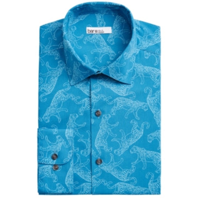 Bar III Mens Bay Blue Slim Fit Leopard Button Down Dress Shirt Large 16 16.5