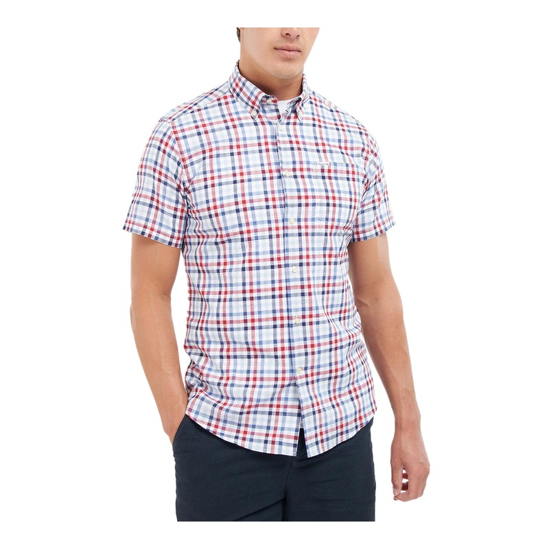Barbour Mens Kinson Tailored Plaid Short Sleeve Button Down Shirt Red 2XL