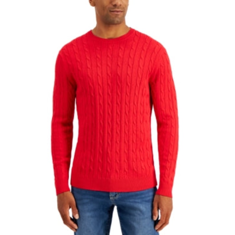 Club Room Mens Cable Knit Crewneck Sweater Ablaze Red 2XL