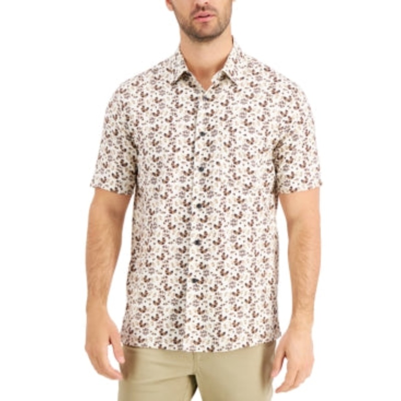 Tasso Elba Men's Cellula Tile Short Sleeve Button Down Shirt Khaki Beige Large
