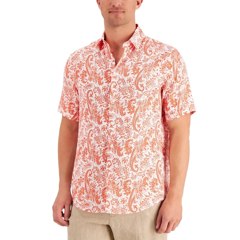 Tasso Elba Men's Linen Picci Paisley Printed Shirt XL Orange
