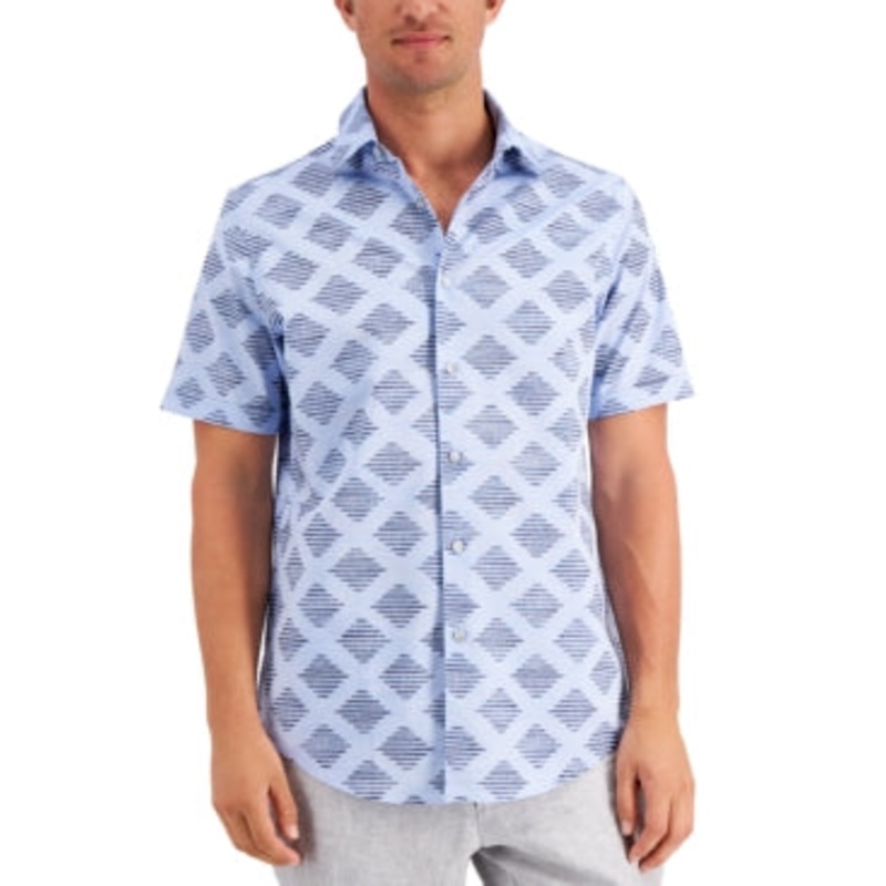 Tasso Elba Mens Diamond Stripe Short Sleeve Button Down Shirt Blue Combo XL