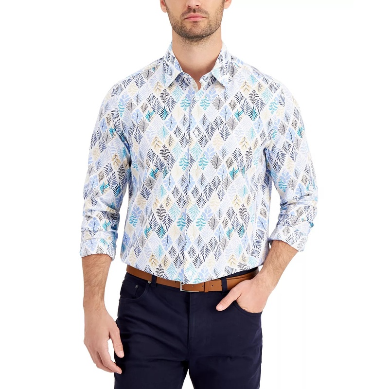 Tasso Elba Mens Dosso Leaf Printed Button Down Shirt Blue Combo 2XL