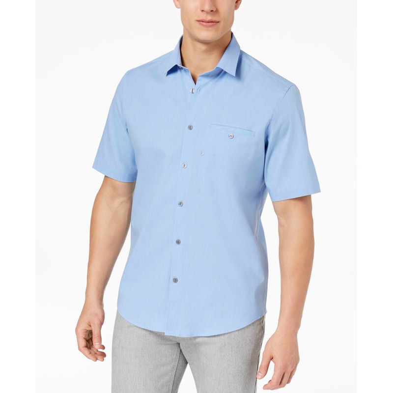 Alfani Mens Stripe Pocket Short Sleeve Button Down Shirt Light Blue Small
