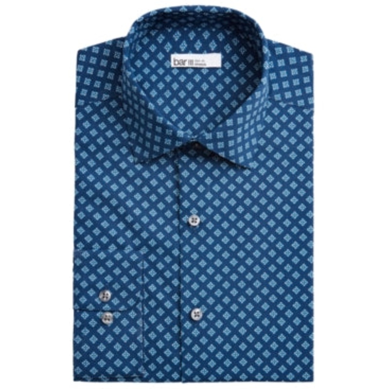 Bar III Medallion Print Slim Fit Button Down Dress Shirt Navy White 17 17.5