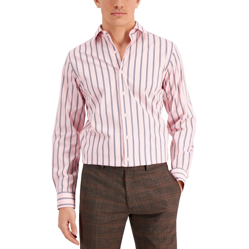 Bar III Mens Pink Blue Stripe Button Down Dress Shirt XL 17 17.5