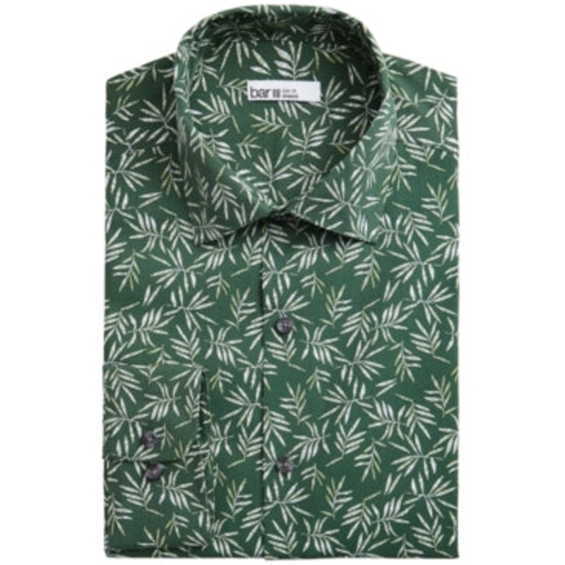 Bar III Mens Slim Fit Tossed Leaf Print Button Down Shirt Green White 14 14.5