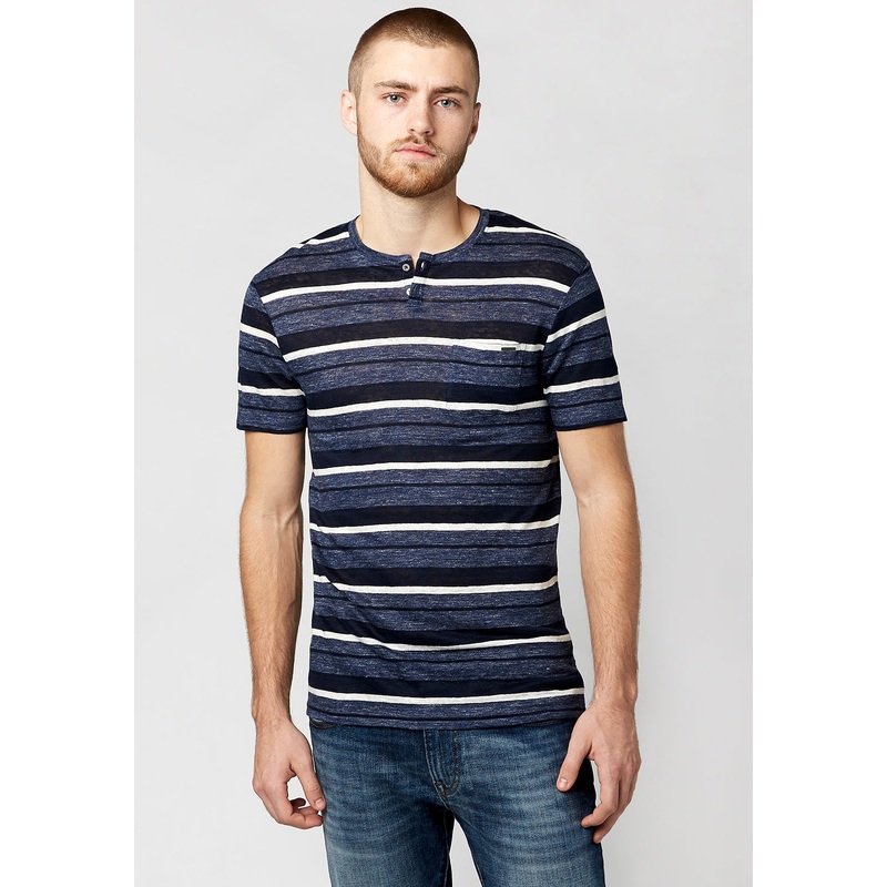 Buffalo David Bitton Mens Striped Linen Kaleef Short Sleeve T Shirt Whale Large
