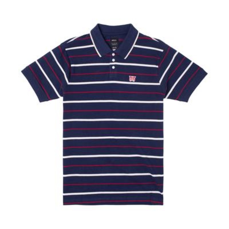 RVCA Mens Collared Striped Polo Shirt Navy Blue White Medium