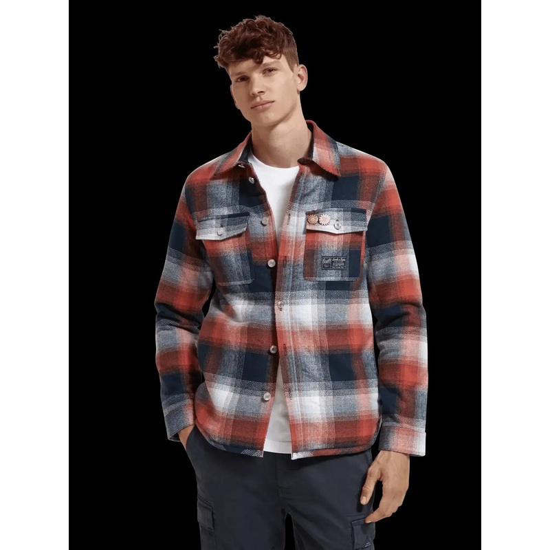 Scotch and Soda Mens Teddy Regular Fit Over Shirt Red Black XL