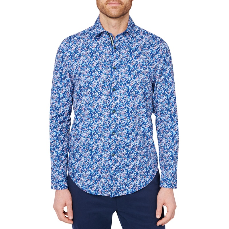 Society of Threads Mens Slim Fit Button Down Shirt Mini Floral Navy Medium