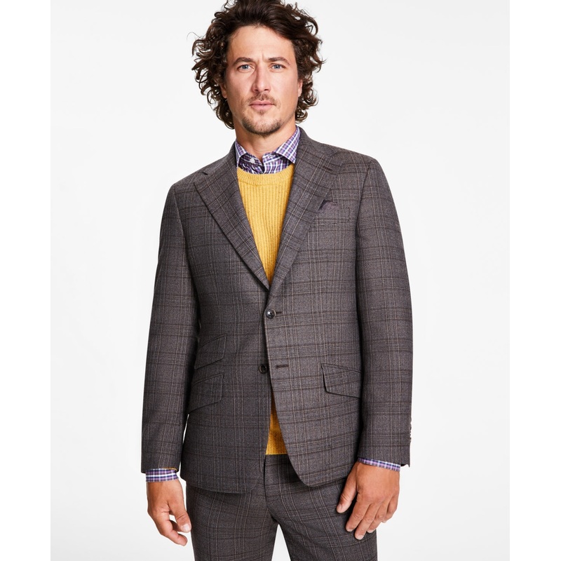 Tallia Men's Slim Fit Stretch Plaid Sport Coat Blazer Brown Plaid 40L