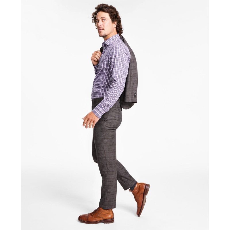 Tallia Men's Slim Fit Stretch Plaid Suit Dress Pants Brown Plaid 38 x 30