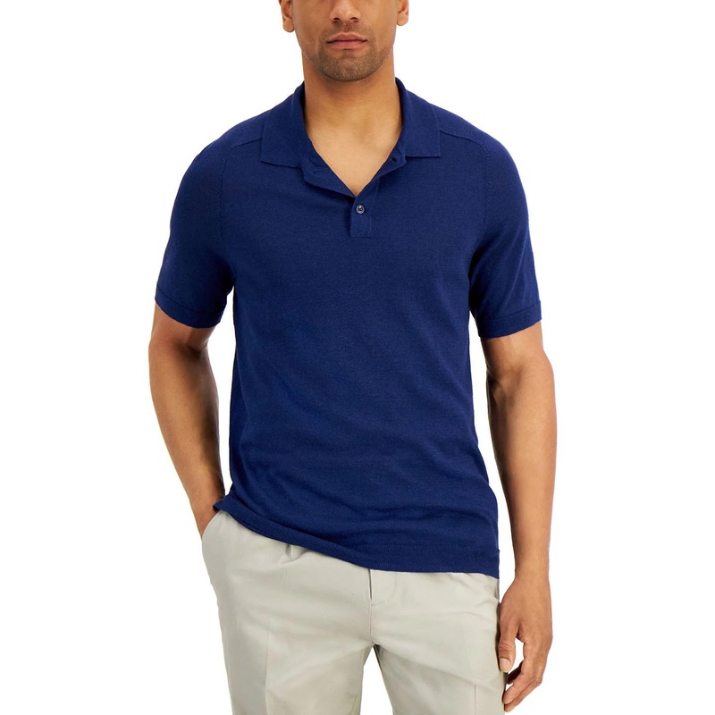 Tasso Elba Men's Sweater Knit Linen Polo Shirt Navy Blue Combo Large