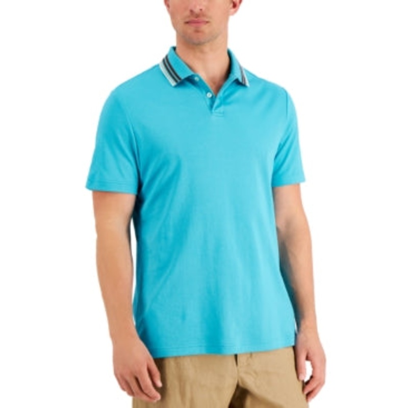 Tasso Elba Men's Tipped Short Sleeve Polo Shirt Sea Isle Blue Large