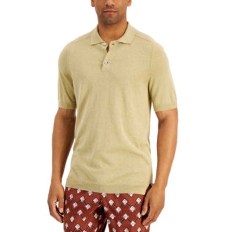 Tasso Elba Mens Linen Polo Sweater Knit 2XL Khaki Combo