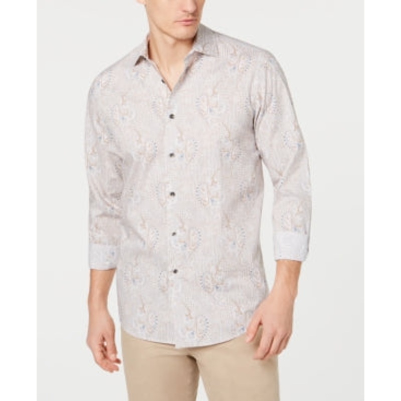 Tasso Elba Mens Long Sleeve Button Down Shirt Houndstooth Grey XL