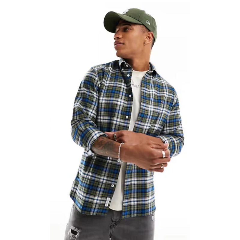 Tommy Hilfiger Mens Regular Fit Plaid Button Down Shirt Green XL
