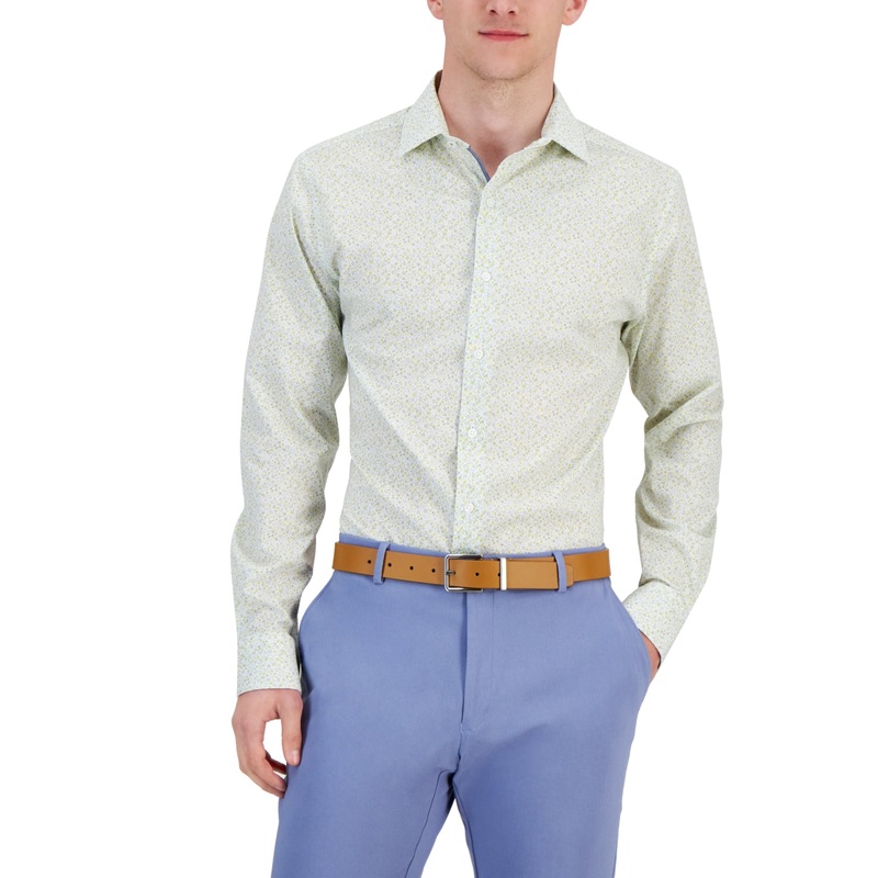 Bar Iii Men's Slim Fit Floral Print Button Down Dress Shirt White Yellow 14 14.5